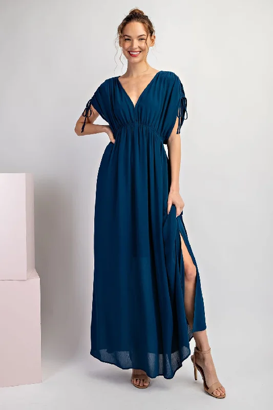 Lowest Price chic wrap dressNavy Blue V-Neck Drawstring Short Sleeve Side Slit Maxi Dress