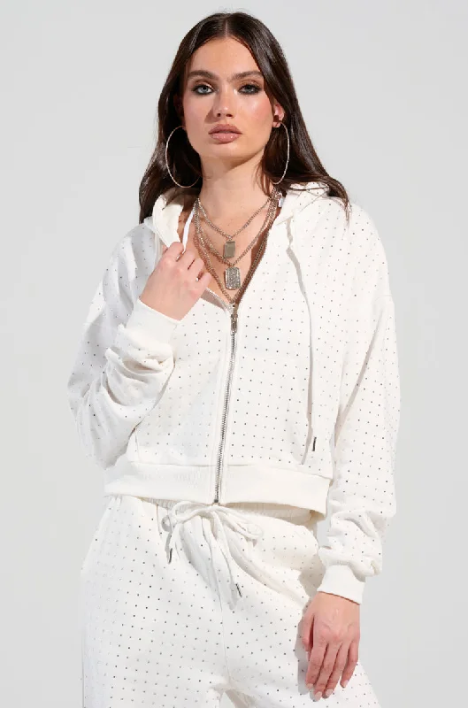 Weekend Deal BUBBLES RHINESTONE EMBELLISHED ZIP UP SWEATSHIRT IN WHITE