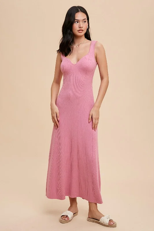 Sale Event flowy dressPink Knit Maternity Deep V-Neck Maxi Dress