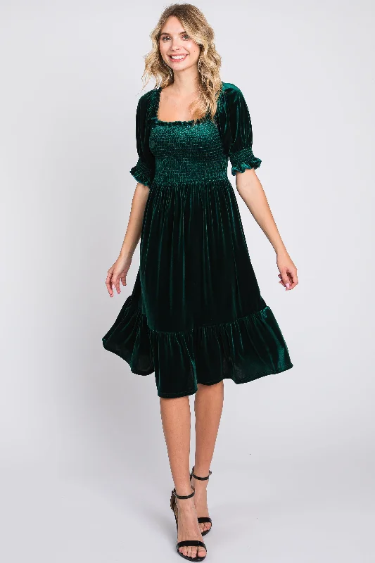 Deal Mania ruched dressForest Green Velvet Smocked Puff Sleeve Dress