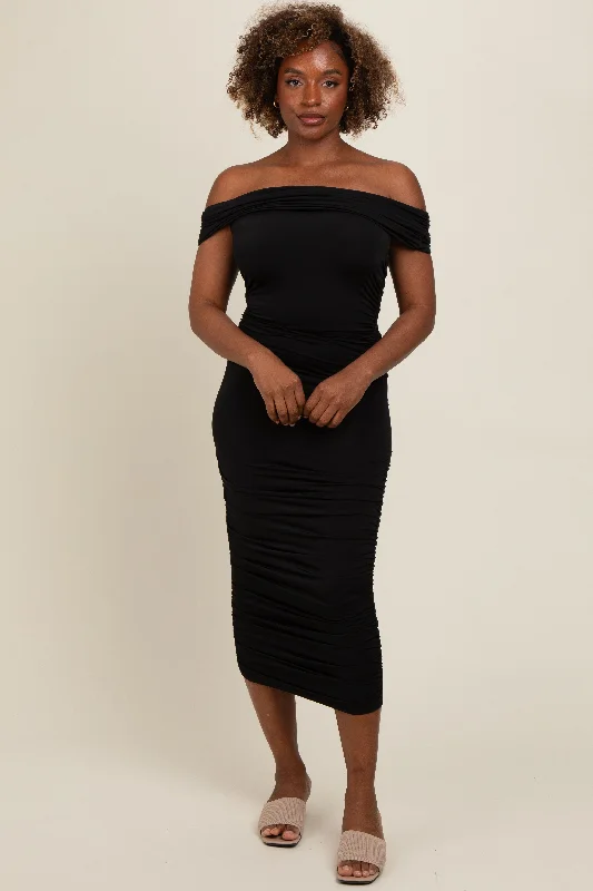 Limited Time Discount vintage dressBlack Off Shoulder Ruched Midi Dress