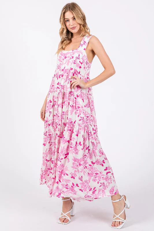 Super Deal sleeveless dressPink Floral Sleeveless Tiered Maxi Dress