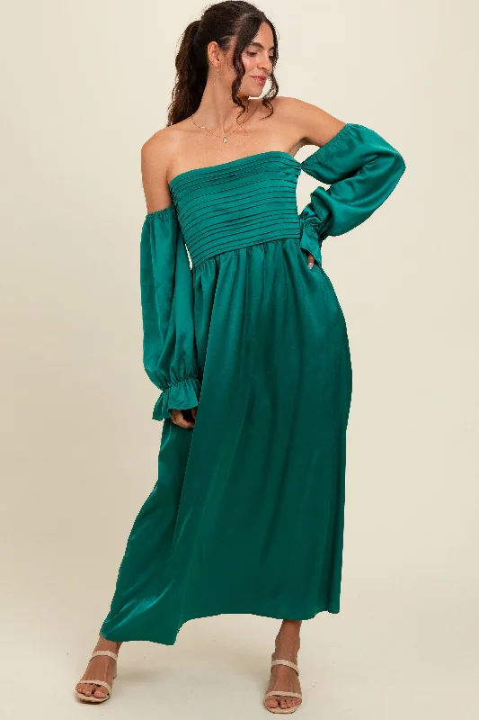 Extra Savings chic shift dressEmerald Green Off Shoulder Satin Pleated Bodice Maxi Dress Extra Savings chic shift dressEmerald Green Off Shoulder Satin Pleated Bodice Maxi Dress