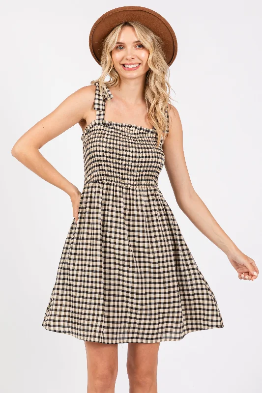 Seasonal Clearance classic fit-and-flare dressBlack Gingham Shoulder Tie Dress