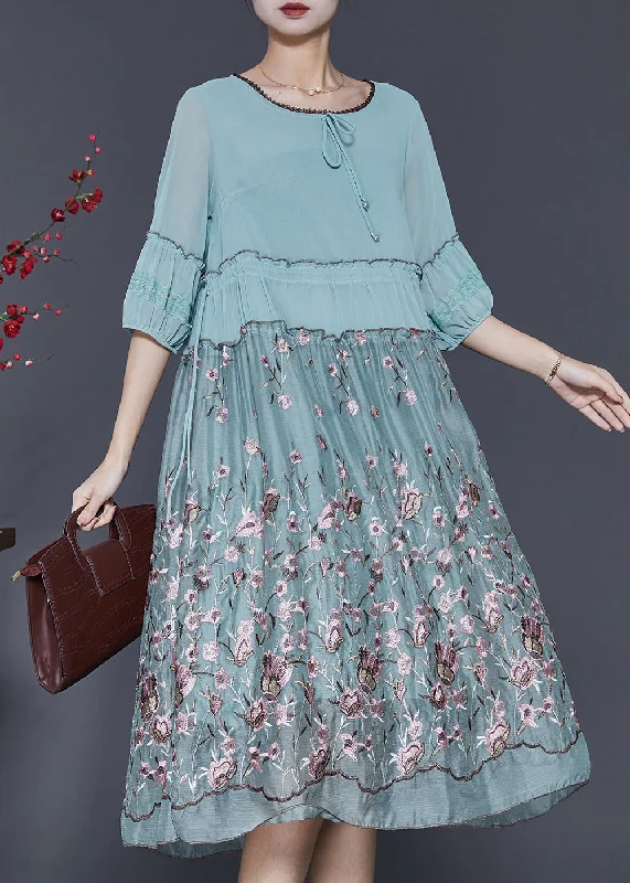 summer floral dressCasual Blue Embroidered Ruffled Silk Dress Half Sleeve