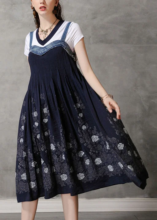 Deal Zone floral midi dressFitted Navy Spaghetti Strap print Patchwork Strapless Long Dress Summer