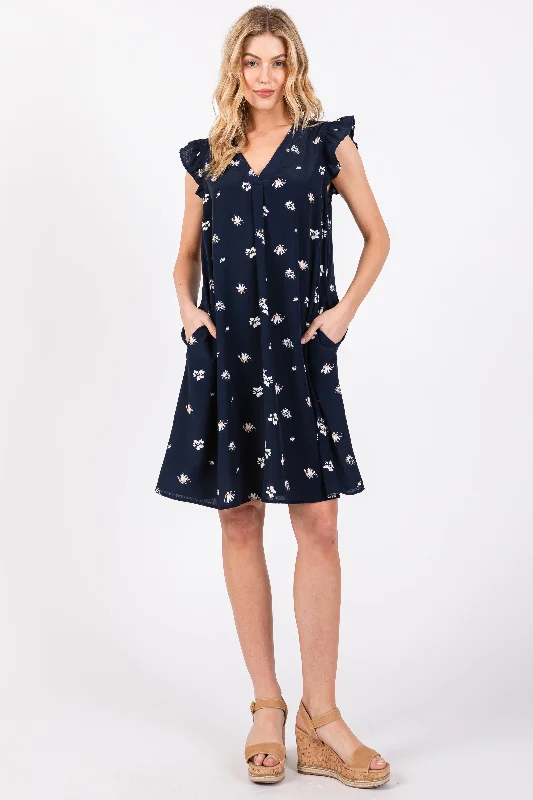 Act Now boho dressNavy Blue Floral Ruffle Cap Sleeve Dress