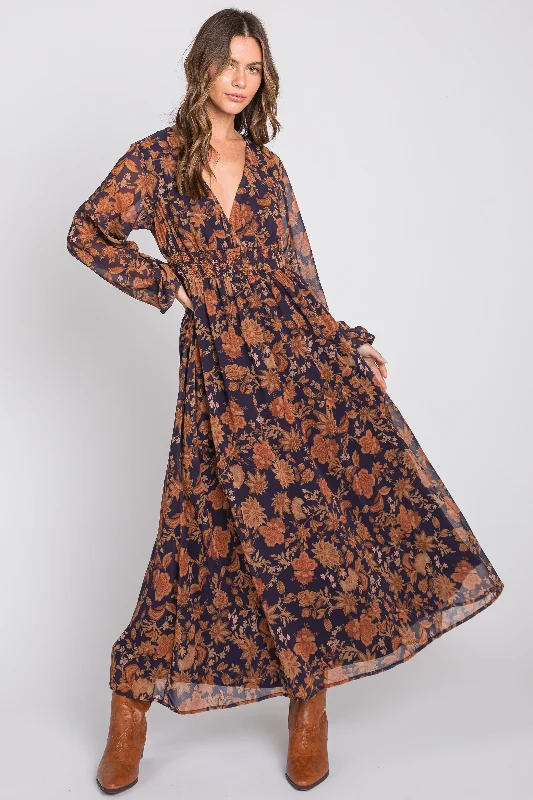 Crazy Savings romantic dressNavy Floral Long Sleeve V-Neck Maxi Dress