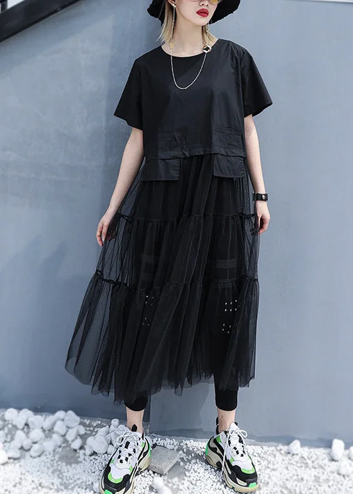 Lowest Prices party dressBlack Baggy Tulle Patchwork A Line Dress O-Neck Oversized Short Sleeve Lowest Prices party dressBlack Baggy Tulle Patchwork A Line Dress O-Neck Oversized Short Sleeve