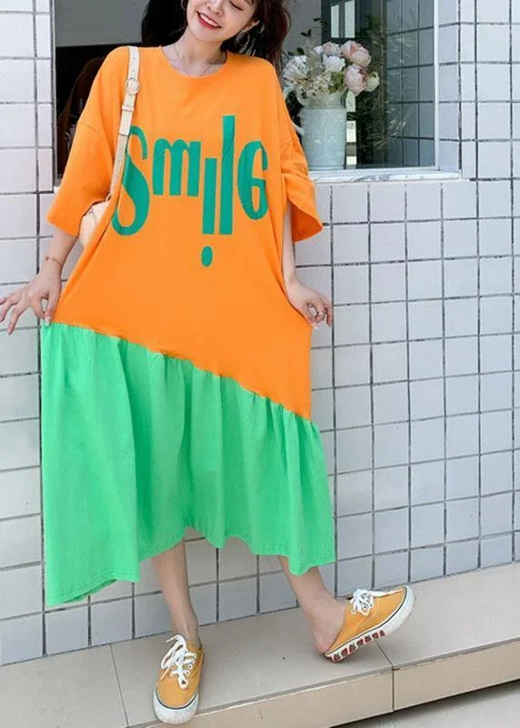 Sale Event flowy maxi dressPlus Size Orange Patchwork Green Loose Graphic Summer Half Sleeve Long Dress
