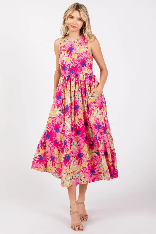 Don't Wait winter dressPink Floral Sleeveless Smocked Back A-Line Midi Dress