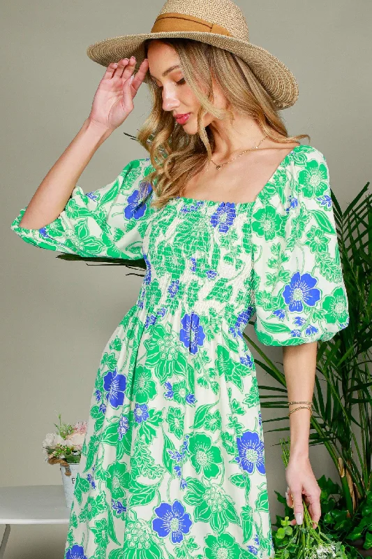 Loyalty Reward off-the-shoulder dressGreen Floral Smocked Square Neck Midi Dress