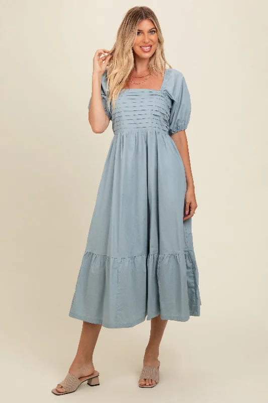 While Supplies Last shift dressLight Blue Pleated Bodice Puff Sleeve Midi Dress
