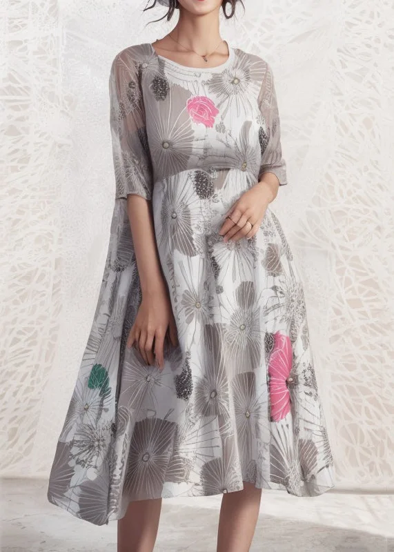 summer dressLoose Grey O Neck Print Silk Dresses Half Sleeve