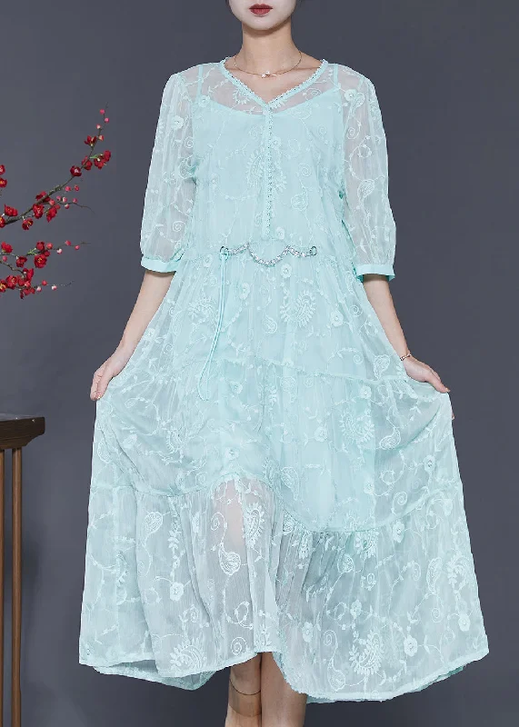 modern dressBeautiful Blue Embroidered Silk Long Dress Half Sleeve