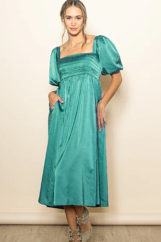 Instant Savings cocktail dressEmerald Green Satin Pleated Bodice Puff Sleeve Midi Dress Instant Savings cocktail dressEmerald Green Satin Pleated Bodice Puff Sleeve Midi Dress