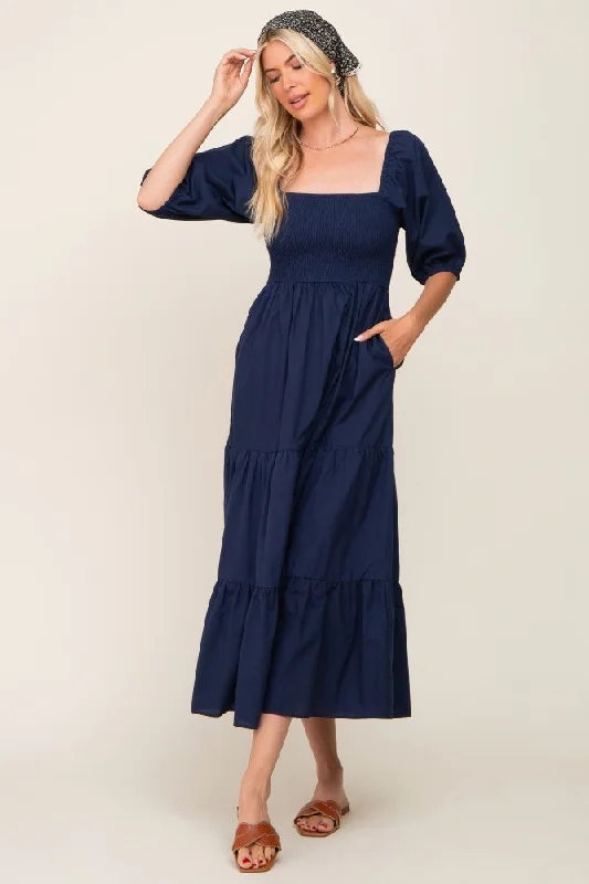 Super Sale boho-chic dressNavy Blue Square Neck Smocked Tiered Maxi Dress