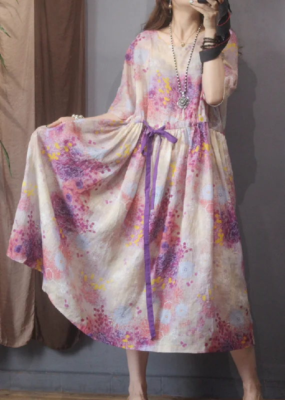 Deal Zone playful dressClassy Pink O-Neck Drawstring Floral Linen Mid Dress Half Sleeve Deal Zone playful dressClassy Pink O-Neck Drawstring Floral Linen Mid Dress Half Sleeve