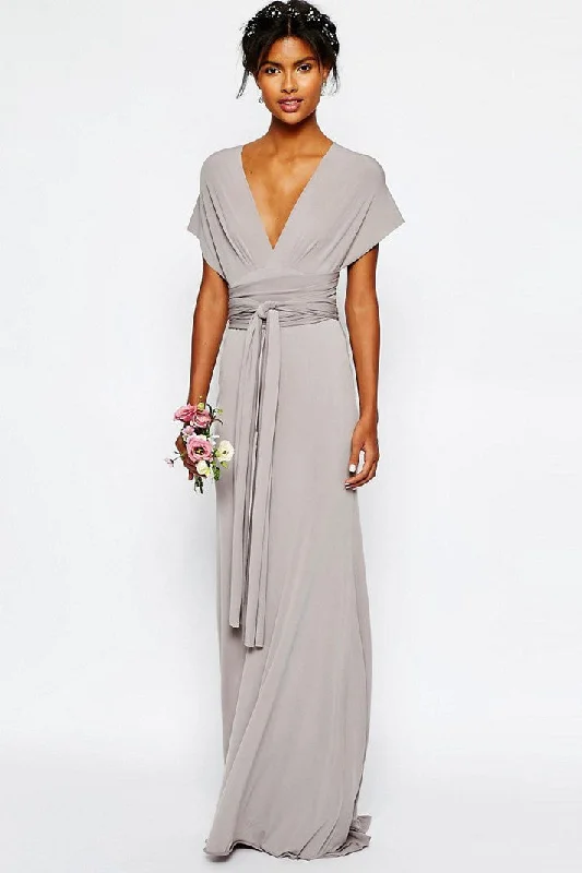 fitted dressSheath V-Neck Sash Floor-Length Short-Sleeve Jersey Bridesmaid Dress-MK_100686