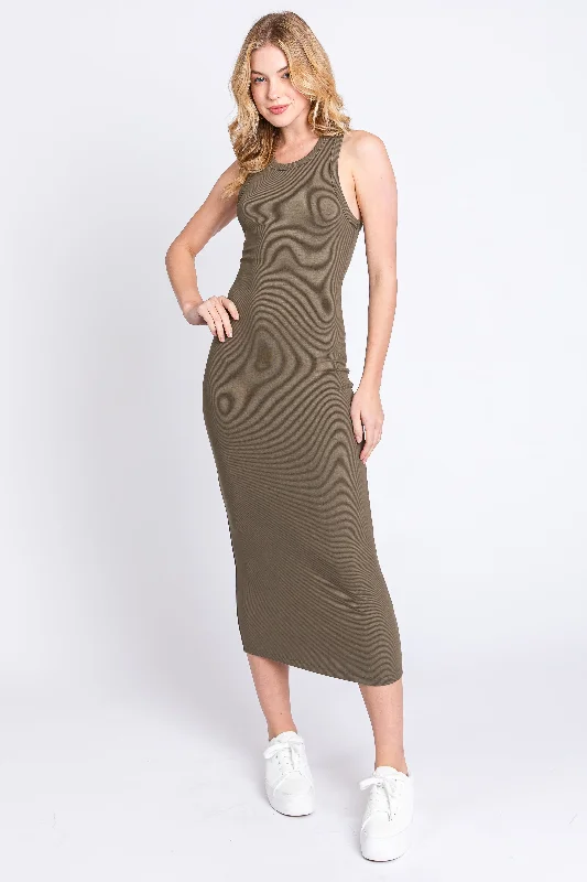 Last Chance office dressOlive Sleeveless Ribbed Fitted Maternity Midi Dress