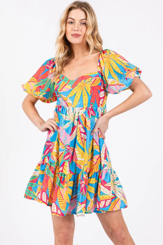Discount Mania evening dressBlue Multicolor Print Puff Sleeve Dress