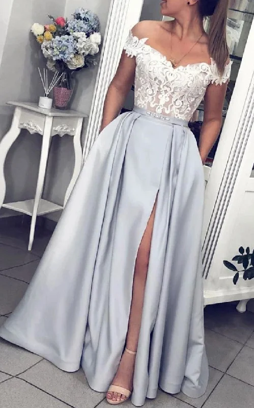 denim dressSatin Lace Floor-length A Line Sleeveless Modern Prom Evening Dress with Ribbon-334324