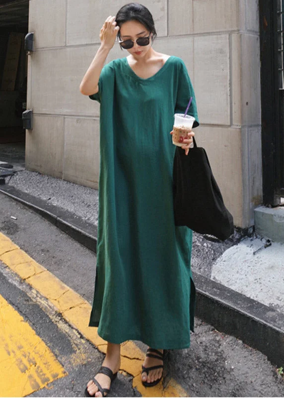 Special Savings trendy wrap dressPlus Size Green V Neck Side Open Long Dress Short Sleeve