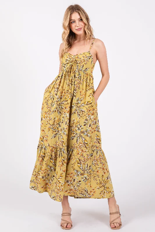 Special Price trendy bodycon dressLime Floral Sleeveless Front Cinched Midi Dress