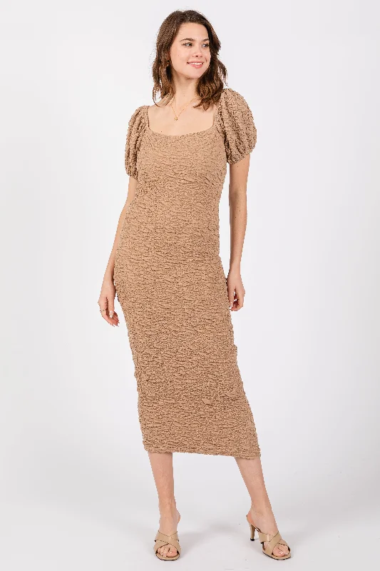 Huge Savings playful dressTaupe Textured Square Neck Puff Sleeve Midi Dress