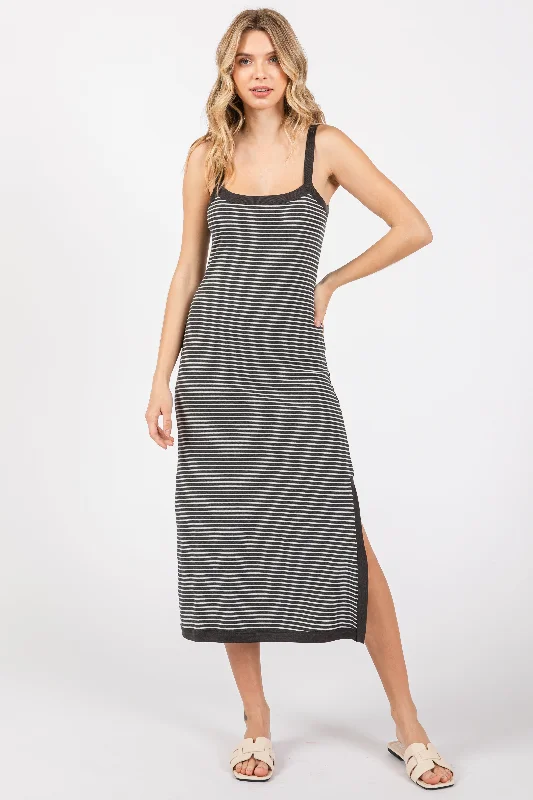 Don't Miss casual dressCharcoal Striped Sleeveless Fitted Side Slit Dress