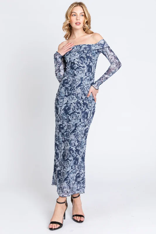 Special Promotion midi dressNavy Floral Off Shoulder Mesh Knit Midi Dress