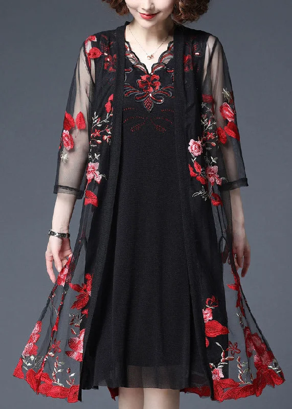 Midnight Madness comfy dressWomen Red Floral Embroideried Tulle Cardigans And Tank Dress Two Piece Set Summer Midnight Madness comfy dressWomen Red Floral Embroideried Tulle Cardigans And Tank Dress Two Piece Set Summer
