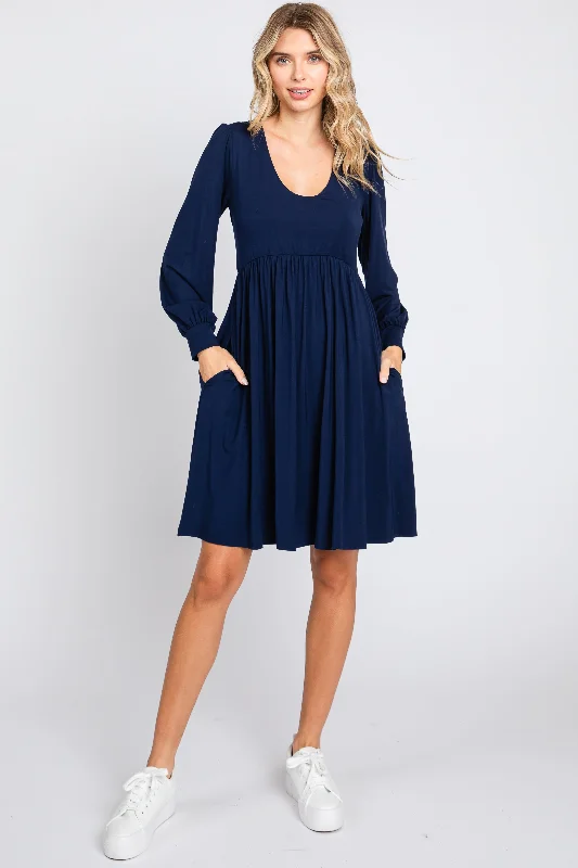 Low Prices minimalistic dressNavy Long Puff Sleeve Dress