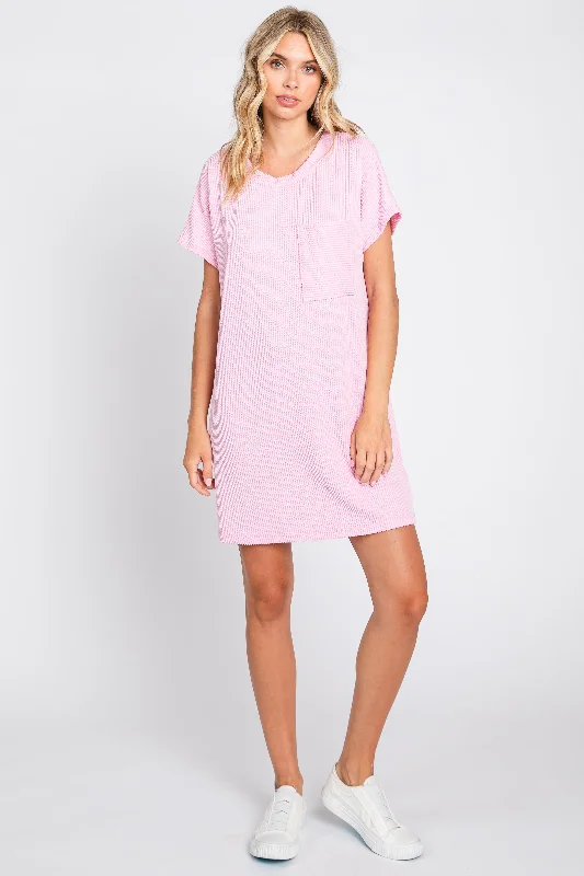 Bargain Prices chic shift dressLight Pink Ribbed Front Pocket Dolman Short Sleeve Dress