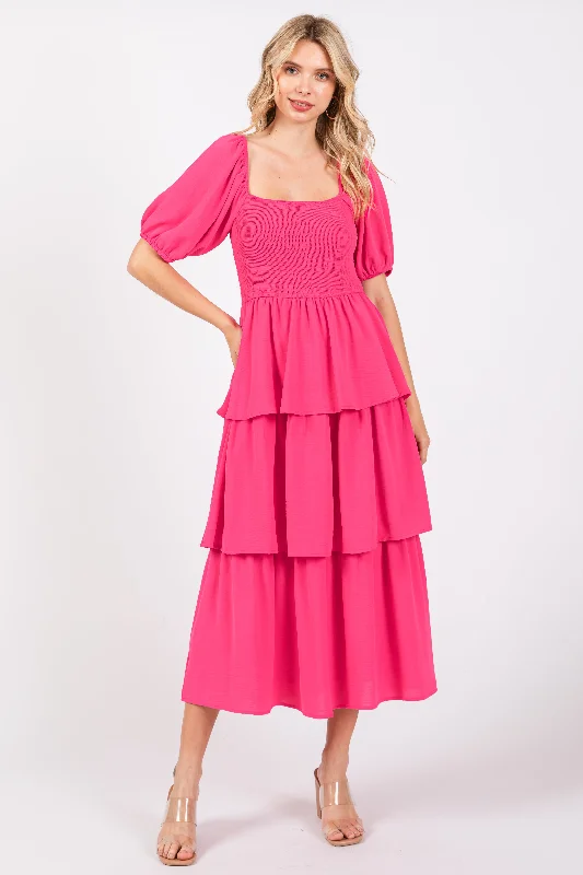 Unbeatable Prices party dressFuchsia Smocked Body Ruffled Tiered Dress