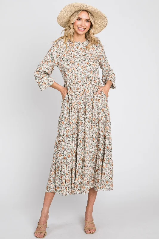 TIME-Limited Offer off-shoulder dressBeige Floral Button Front Long Sleeve Tiered Midi Dress