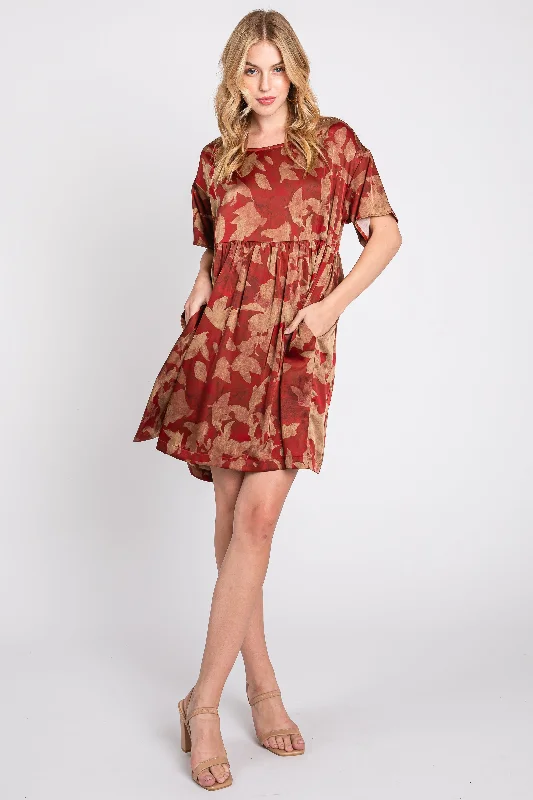 Act Fast formal dressRust Printed Short Sleeve Pocketed Dress