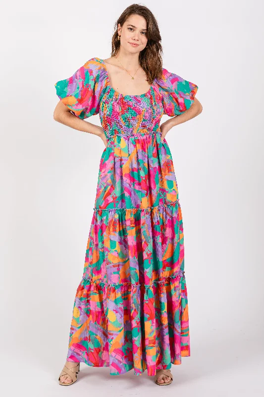 Stock Clearance casual slip dressLavender Multi Color Floral Puff Sleeve Maxi Dress