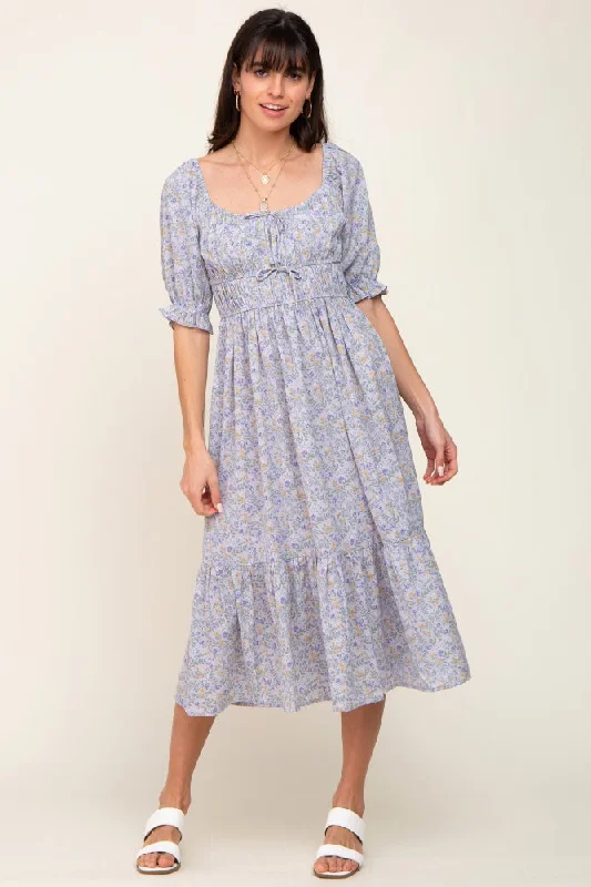 Super Sale minimalistic dressPeriwinkle Floral Square Neck Front Tie Midi Dress