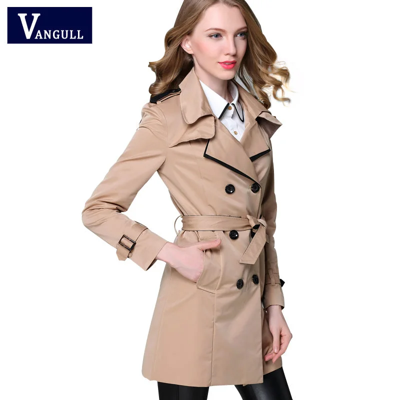 padded coatVANGULL 2017 New Fashion Designer Brand Classic European Trench Coat khaki Black Double Breasted Women Pea Coat real photos