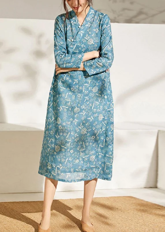 Mega Sale one-shoulder dressFrench Blue Print Patchwork Button Summer Ramie Sundress