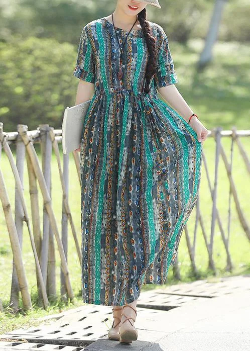 Online Specials stylish party dressWomen short sleeve linen prints dresses pattern green Traveling Dress summer