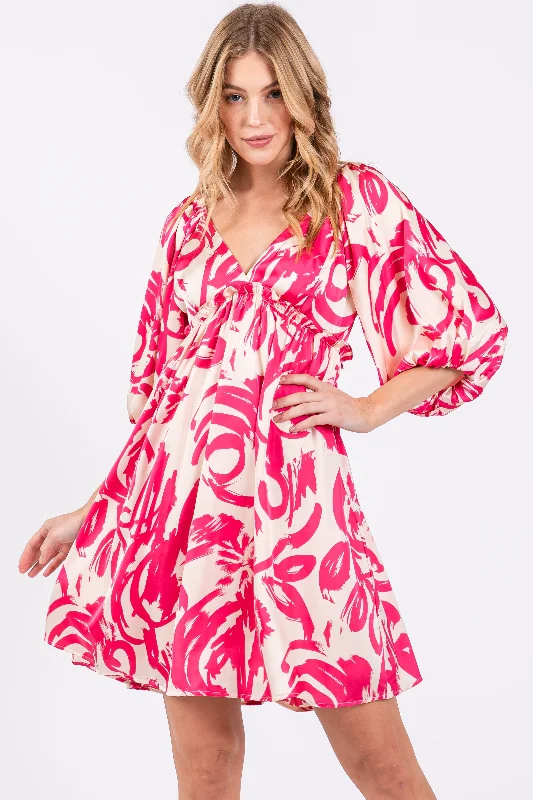 Exclusive Offers draped dressFuchsia Printed Bubble Sleeve Sweetheart Dress