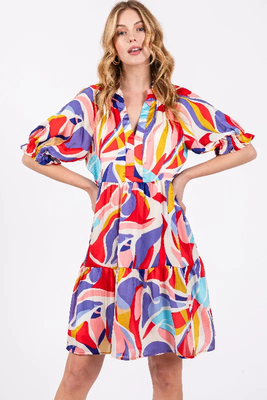 Lowest Price cocktail dressRed Multi-Color Patterned Ruffle Tiered Dress