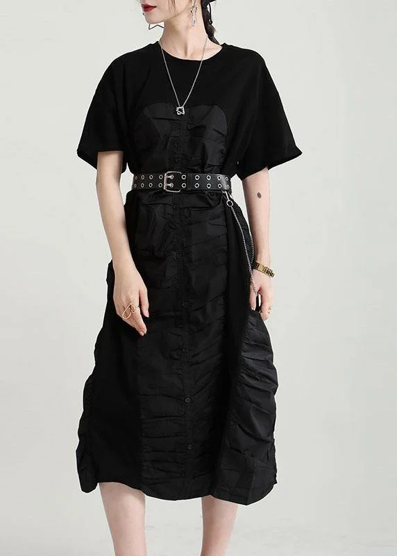 Midnight Madness v-neck dressBohemian Black Cinched O-Neck Patchwork Summer Button Dresses