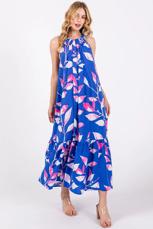 Great Bargains stylish dressBlue Halter Leaf Print Midi Dress
