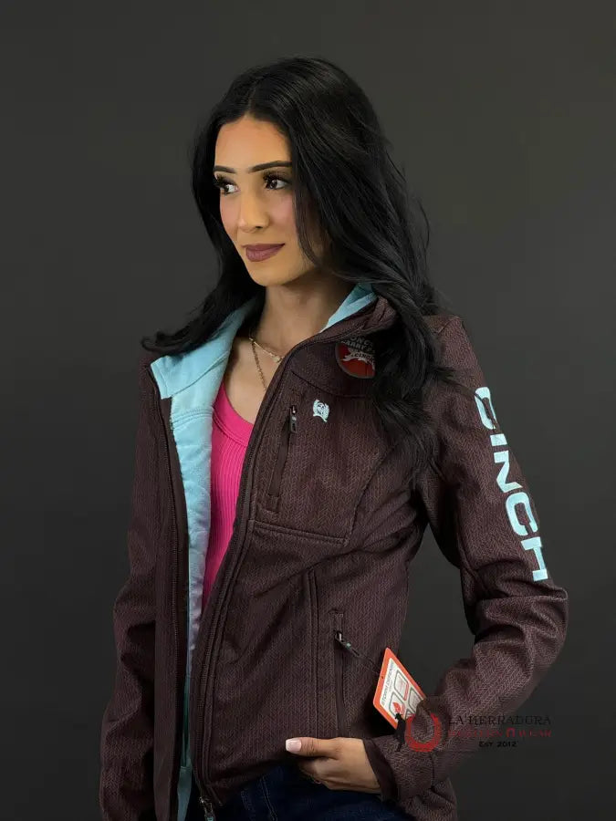 Best Deals Cinch Womens Brown Softshell w/Blue Logo on Sleeve & Full Zip, Concealed Carry Pocket
