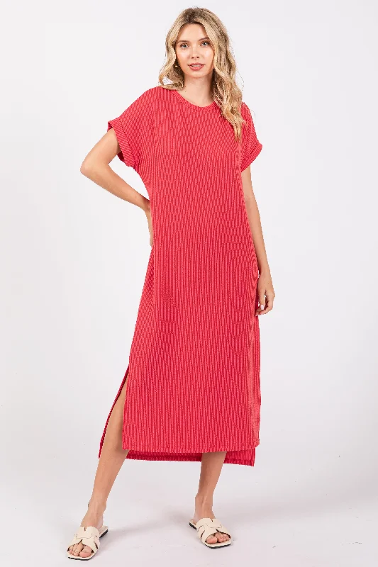 Daily Deals sleek midi dressRed Ribbed Short Sleeve Midi Dress