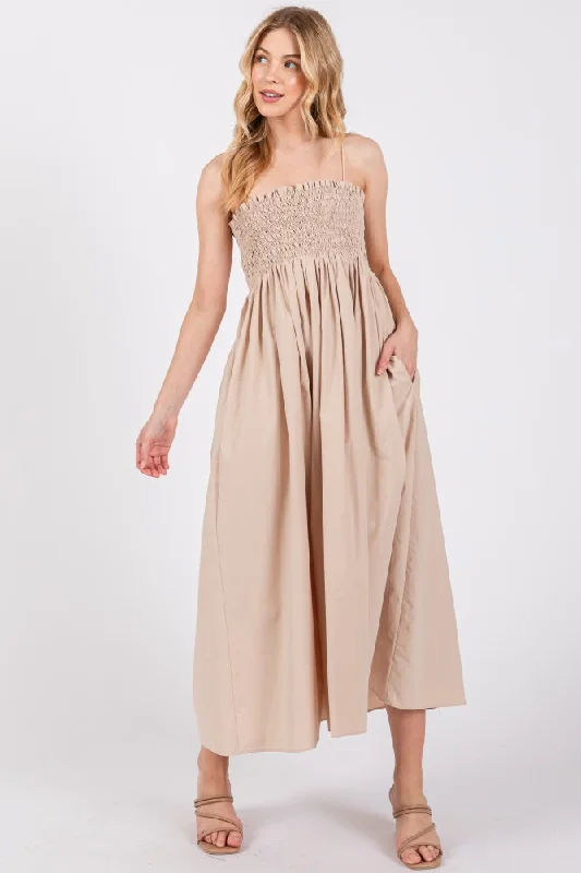 Super Bargain A-line dressBeige Smocked Pocketed Midi Dress