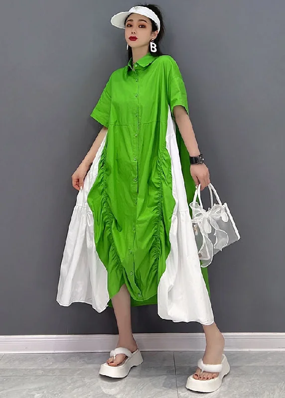 Loyalty Reward comfy maxi dressGreen White Patchwork Cotton Loose Dresses Cinched Short Sleeve